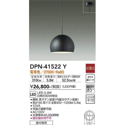 画像1: 大光電機(DAIKO)　DPN-41522Y　ペンダント 非調光 電球色 フランジタイプ 黒