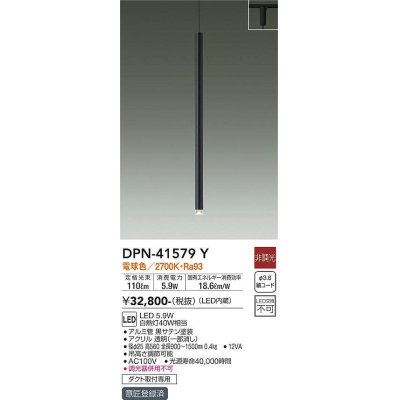 画像1: 大光電機(DAIKO)　DPN-41579Y　ペンダント 非調光 電球色 プラグタイプ 黒 [♭]