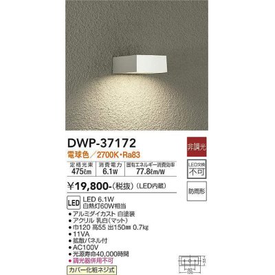 画像1: 大光電機(DAIKO)　DWP-37172　アウトドアライト ポーチ灯 LED内蔵 非調光 電球色 防雨形 ホワイト