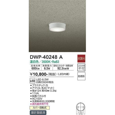 画像1: 大光電機(DAIKO)　DWP-40248A　アウトドア 軒下シーリング LED内蔵 非調光 温白色 防雨形 拡散パネル付