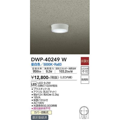 画像1: 大光電機(DAIKO)　DWP-40249W　アウトドア 軒下シーリング LED内蔵 非調光 温白色 防雨形 拡散パネル付