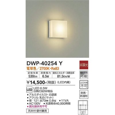 画像1: 大光電機(DAIKO)　DWP-40254Y　アウトドア ポーチ灯 ブラケット LED内蔵 非調光 電球色 防雨・防湿形 天井付・壁付兼用