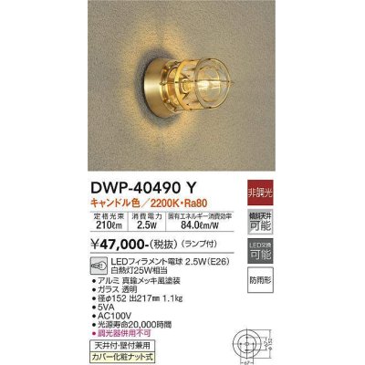 画像1: 大光電機(DAIKO)　DWP-40490Y　アウトドアライト ランプ付 非調光 キャンドル色 真鍮メッキ風 防雨形 天井付・壁付兼用