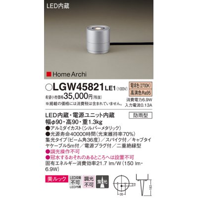 画像1: パナソニック LGW45821LE1 ガーデンライト 据置取付型 LED(電球色) 集光36度・スパイク付 防雨型 シルバーメタリック