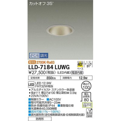 画像1: 大光電機(DAIKO) LLD-7184LUWG ダウンライト 埋込穴φ100 位相調光(調光器別売) 電球色 ビーム角40度 防雨形 ステンカラー