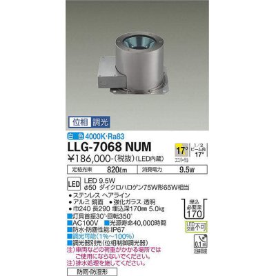 画像1: 大光電機(DAIKO) LLG-7068NUM アウトドアライト グランドライト 位相調光(調光器別売) 白色 ビーム角18度 中角形 防雨・防湿形 ステンカラー