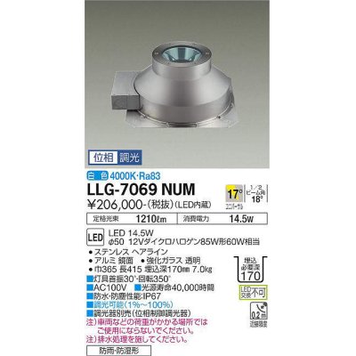 画像1: 大光電機(DAIKO) LLG-7069NUM アウトドアライト グランドライト 位相調光(調光器別売) 白色 ビーム角17度 中角形 防雨・防湿形 ステンカラー