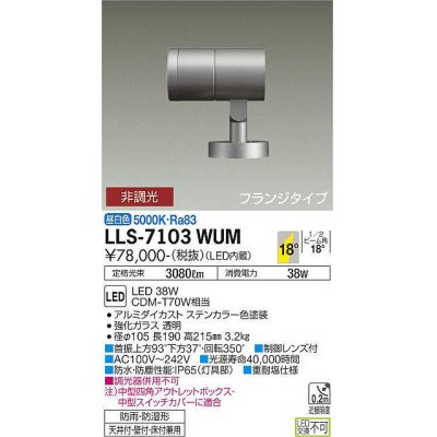 画像1: 大光電機(DAIKO) LLS-7103WUM スポットライト 非調光 昼白色 ビーム角18度 フランジタイプ 防雨・防湿形 ステンカラー