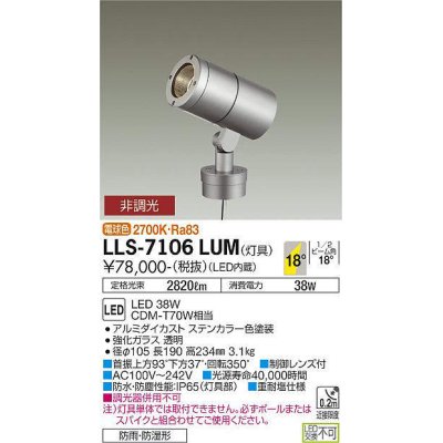 画像1: 大光電機(DAIKO) LLS-7106LUM スポットライト 非調光 電球色 灯具本体 ビーム角18度 防雨・防湿形 ステンカラー