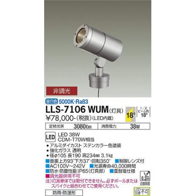 画像1: 大光電機(DAIKO) LLS-7106WUM スポットライト 非調光 昼白色 灯具本体 ビーム角18度 防雨・防湿形 ステンカラー