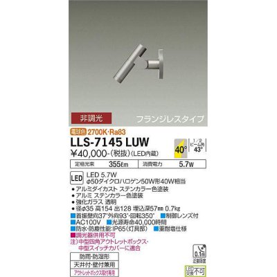 画像1: 大光電機(DAIKO) LLS-7145LUW スポットライト 非調光 電球色 ビーム角40度 フランジレスタイプ 防雨・防湿形 ステンカラー