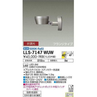 画像1: 大光電機(DAIKO) LLS-7147WUW スポットライト 非調光 昼白色 フラット ビーム角40度 フランジタイプ 広角形 防雨・防湿形 ステンカラー