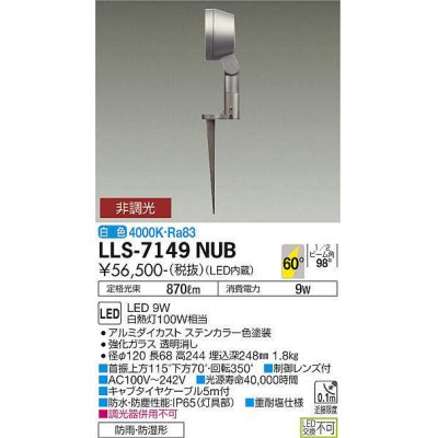 画像1: 大光電機(DAIKO) LLS-7149NUB スポットライト 非調光 白色 フラット ビーム角60度 フランジレススパイク 超広角形 防雨・防湿形 ステンカラー