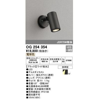 画像1: 照明器具 オーデリック　OG254354　エクステリアスポットライト LED一体型 JDR75W相当 電球色タイプ ワイド配光