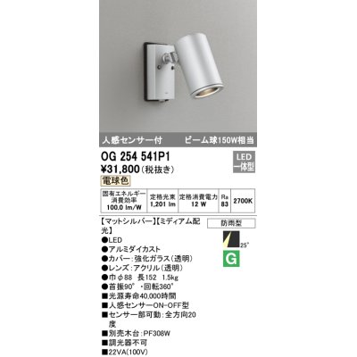 画像1: オーデリック　OG254541P1　エクステリアスポットライト LED一体型 電球色 ビーム球150W相当 ミディアム配光 防雨型 マットシルバー