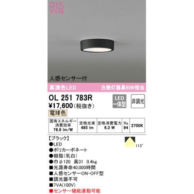 画像1: オーデリック　OL251783R　シーリングライト 非調光 LED一体型 電球色 人感センサー付 ブラック