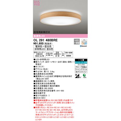 画像1: オーデリック　OL291480BRE　シーリングライト 12畳 調光 調色 Bluetooth コントローラー別売 LED一体型 電球色〜昼光色 住宅用非常灯付 竹