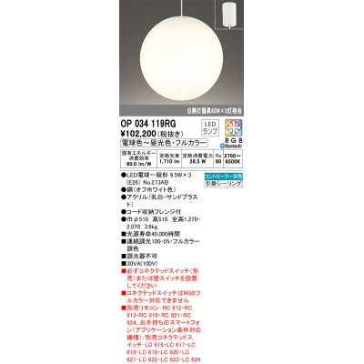 画像1: オーデリック　OP034119RG(ランプ別梱)　ペンダントライト フルカラー 調光 調色 Bluetooth コントローラー別売 LEDランプ 電球色〜昼光色・フルカラー