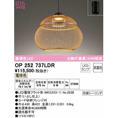 画像1: オーデリック　OP252737LDR(ランプ別梱)　ペンダントライト 非調光 和風 LEDランプ 電球色 フレンジタイプ 竹 [♭]