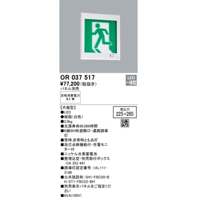 画像1: オーデリック　OR037517　非常灯・誘導灯 □225×265 パネル別売 LED一体型 壁埋込 B級BH形 片面型