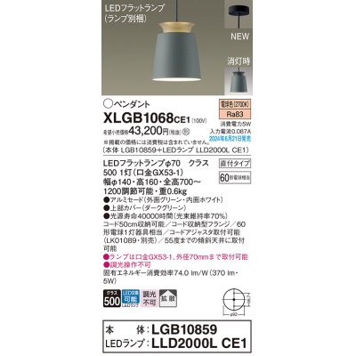 画像1: パナソニック XLGB1068CE1(ランプ別梱) ペンダント LED(電球色) 天井吊下型 直付タイプ アルミセード 拡散タイプ LEDランプ交換型 グリーン