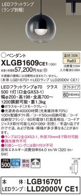 パナソニック　XLGB1609CE1(ランプ別梱)　ペンダント LED(温白色) 吊下型 ガラスセードタイプ 拡散タイプ ダクトタイプ スモークグレー