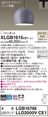 パナソニック　XLGB1615CE1(ランプ別梱)　ペンダント LED(温白色) 吊下型 ホーローセードタイプ 拡散タイプ ダクトタイプ ライトグレー