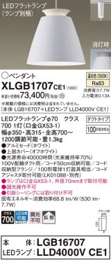 パナソニック　XLGB1707CE1(ランプ別梱)　ペンダント LED(温白色) 吊下型 アルミセードタイプ 拡散タイプ ダクトタイプ ホワイト