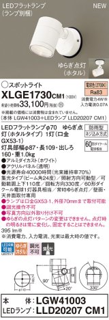 パナソニック XLGE1730CM1(ランプ別梱) スポットライト LED(電球色) 天井・壁直付型 屋外用 集光24度 LEDランプ交換型 パネル付型 防雨型 ホワイト