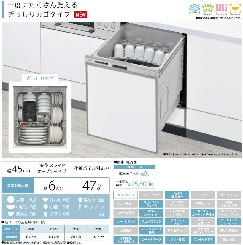 リンナイ RSW-SD401A-SV 食洗機 ビルトイン 食器洗い乾燥機 幅45cm 深