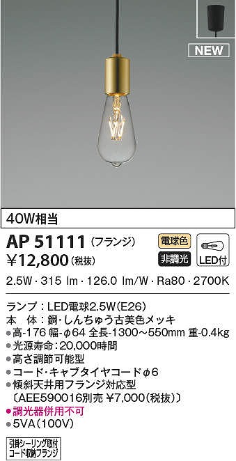 コイズミ照明 AP53830 ペンダント 非調光 LED一体型 温白色 フランジ