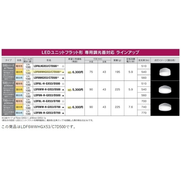 画像2: 東芝ライテック　LDF6WWHGX53/C7D500　LEDユニットフラット形 専用調光器対応 ランプユニットのみ 温白色 500シリーズ 広角 φ75mm 受注生産品 [§] (2)