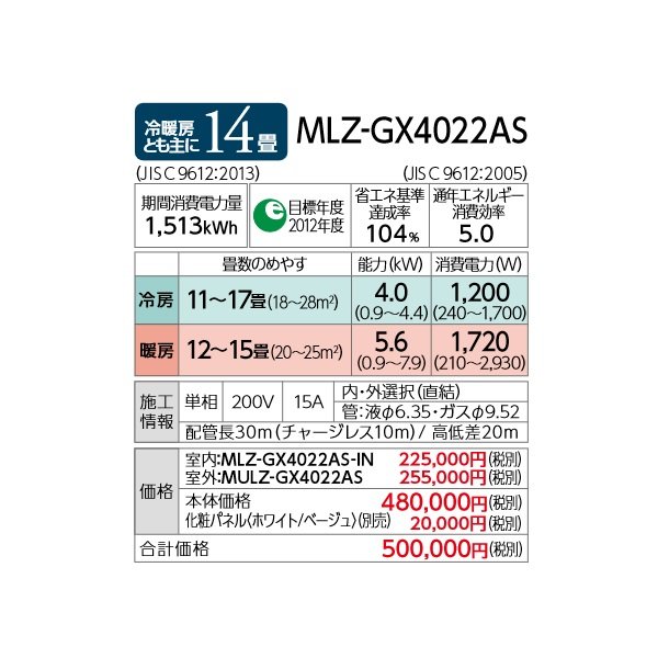 画像4: 三菱 【MLZ-GX4022AS＋化粧パネル】 ハウジングエアコン 1方向天井カセット形 GXシリーズ 14畳程度 単相200V [♪Å] (4)