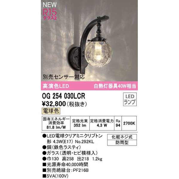 画像1: オーデリック　OG254030LCR(ランプ別梱)　エクステリア ポーチライト LEDランプ 電球色 別売センサー対応 防雨型 鉄色ラスティ (1)