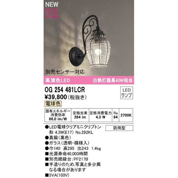 画像1: オーデリック　OG254481LCR(ランプ別梱)　エクステリア ポーチライト LEDランプ 電球色 別売センサー対応 防雨型 黒色 (1)