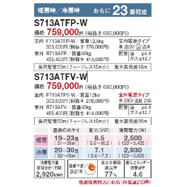 画像3: ダイキン　S713ATFV-W　エアコン 23畳 ルームエアコン FXシリーズ 室外電源タイプ 単相200V 直結20A 23畳程度 ホワイト (S71ZTFXV-Wの後継品) [♭♪] (3)