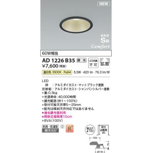 画像: コイズミ照明 AD1226B35 ダウンライト 埋込穴φ100 調光 調光器別売 LED一体型 温白色 高気密SB形 ベース 拡散 防雨・防湿型 マットブラック