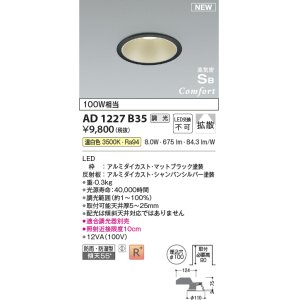 画像: コイズミ照明 AD1227B35 ダウンライト 埋込穴φ100 調光 調光器別売 LED一体型 温白色 高気密SB形 ベース 拡散 防雨・防湿型 マットブラック