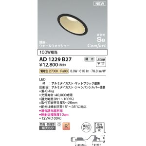 画像: コイズミ照明 AD1229B27 ダウンライト 埋込穴φ100 調光 調光器別売 LED一体型 電球色 高気密SB形 傾斜・ウォールウォッシャー 防雨・防湿型 マットブラック