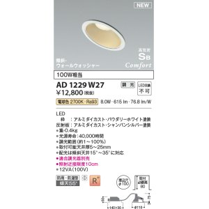 画像: コイズミ照明 AD1229W27 ダウンライト 埋込穴φ100 調光 調光器別売 LED一体型 電球色 高気密SB形 傾斜・ウォールウォッシャー 防雨・防湿型 パウダリーホワイト