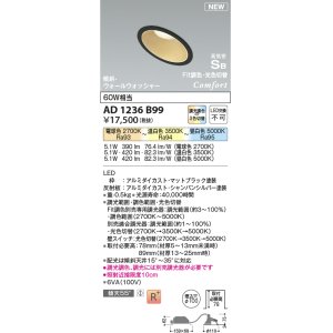 画像: コイズミ照明 AD1236B99 ダウンライト 埋込穴φ100 Fit調色・光色切替 調光器別売 LED一体型 高気密SB形 傾斜・ウォールウォッシャー マットブラック