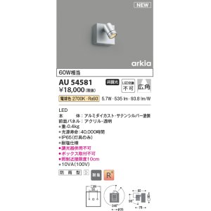 画像: コイズミ照明 AU54581 スポットライト 非調光 LED一体型 電球色 広角 防雨型 サテンシルバー