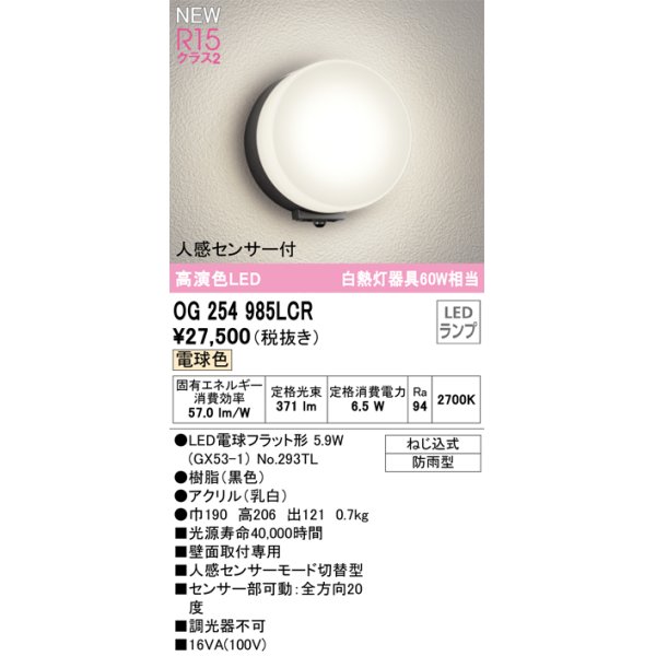 画像1: オーデリック OG254985LCR(ランプ別梱) エクステリア ポーチライト LEDランプ 電球色 高演色LED 人感センサー付 防雨型 黒色 (1)