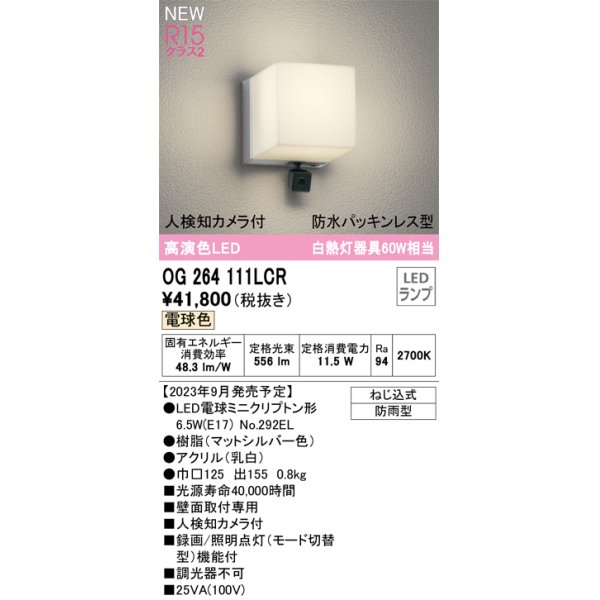 画像1: オーデリック OG264111LCR(ランプ別梱) エクステリア ポーチライト LEDランプ 電球色 高演色LED 人検知カメラ付 防水パッキンレス型 防雨型 マットシルバー (1)