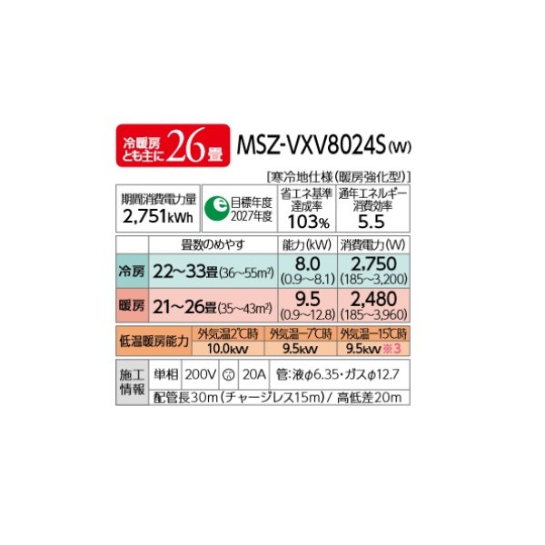 画像2: 三菱 MSZ-VXV8024S(W) エアコン 26畳 ルームエアコン VXVシリーズ ズバ暖 寒冷地 単相200V/20A 26畳程度 ピュアホワイト (MSZ-VXV8023S-Wの後継) [♪] (2)