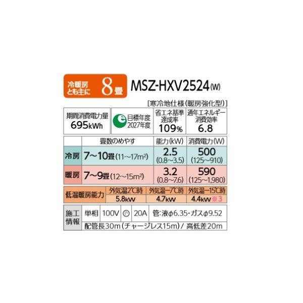 画像2: 三菱 MSZ-HXV2524(W) エアコン 8畳 ルームエアコン HXVシリーズ ズバ暖 寒冷地 単相100V/20A 8畳程度 ピュアホワイト (MSZ-HXV2523-Wの後継) [♪] (2)