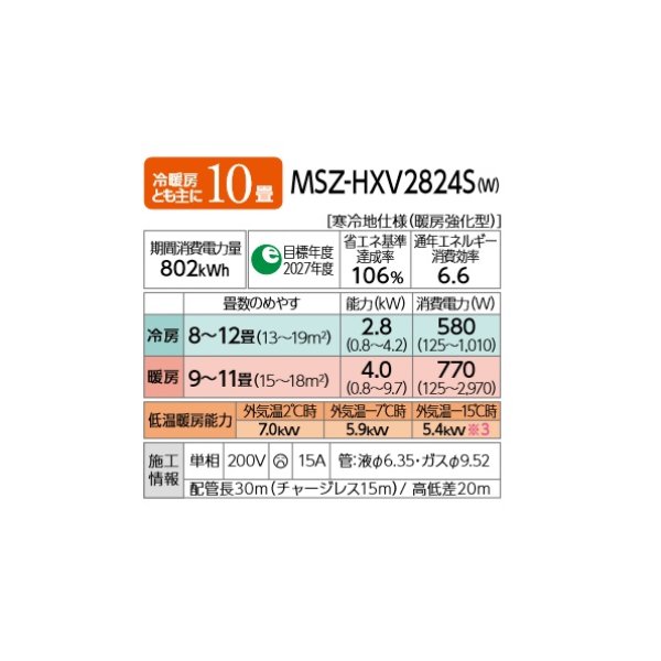 画像2: 三菱 MSZ-HXV2824S(W) エアコン 10畳 ルームエアコン HXVシリーズ ズバ暖 寒冷地 単相200V/15A 10畳程度 ピュアホワイト (MSZ-HXV2823S-Wの後継) [♪] (2)