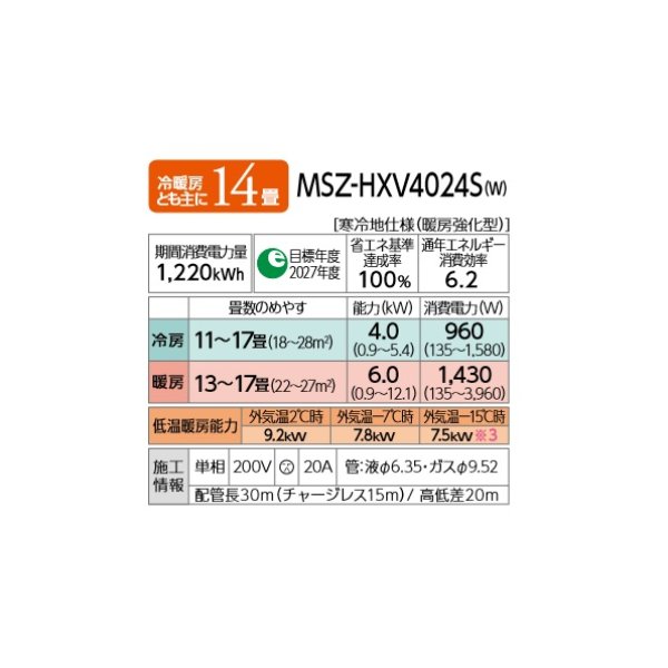 画像2: 三菱 MSZ-HXV4024S(W) エアコン 14畳 ルームエアコン HXVシリーズ ズバ暖 寒冷地 単相200V/20A 14畳程度 ピュアホワイト (MSZ-HXV4023S-Wの後継) [♪] (2)