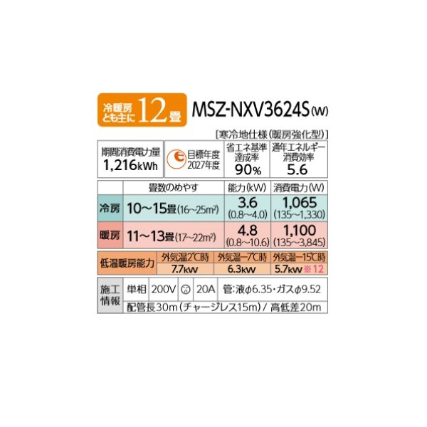 画像2: 三菱 MSZ-NXV3624S(W) エアコン 12畳 ルームエアコン NXVシリーズ ズバ暖 寒冷地 単相200V/20A 12畳程度 ピュアホワイト (MSZ-NXV3623S-Wの後継) [♪] (2)