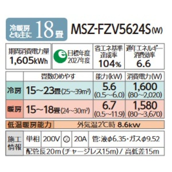 画像2: 三菱 MSZ-FZV5624S(W) エアコン 18畳 ルームエアコン FZシリーズ 単相200V/20A 18畳程度 ピュアホワイト (MSZ-FZV5622S 後継品) [♪] (2)